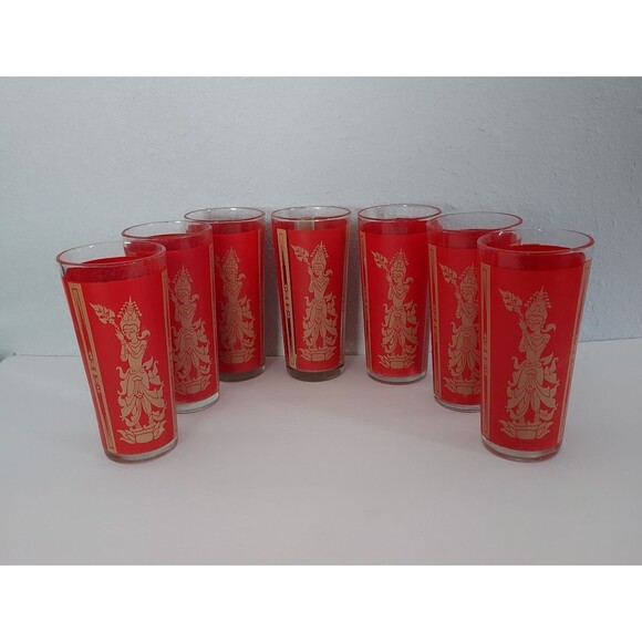 Vintage Culver Red & Gold Highball Glasses Set of 7 Asian Thai Goddess - Picture 1 of 1